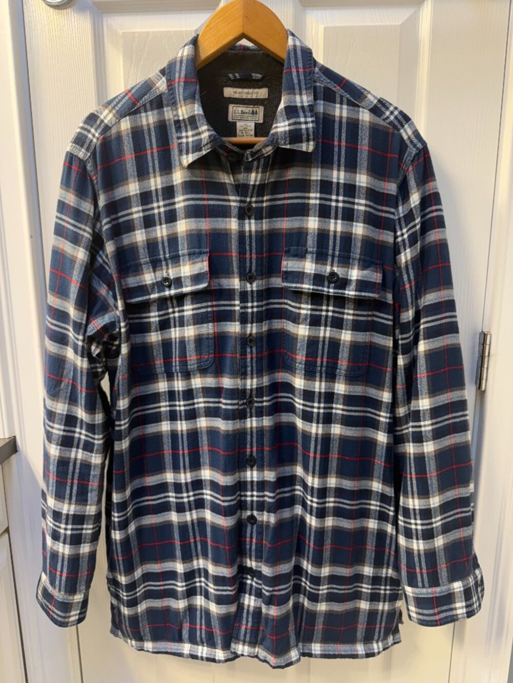 L.L. Bean Fleece Lined Shirt Jacket Navy White & Red Plaid Size XL Tall